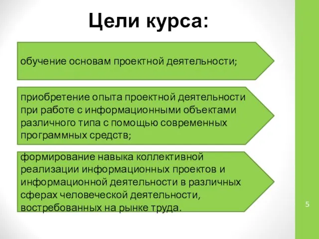 Цели курса: обучение основам проектной деятельности; приобретение опыта проектной деятельности при