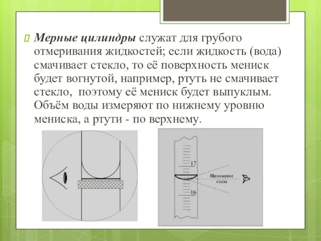 Мерные цилиндры служат для грубого отмеривания жидкостей; если жидкость (вода) смачивает