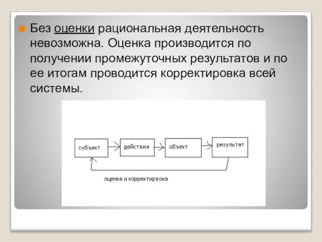 Без оценки рациональная деятельность невозможна. Оценка производится по получении промежуточных результатов