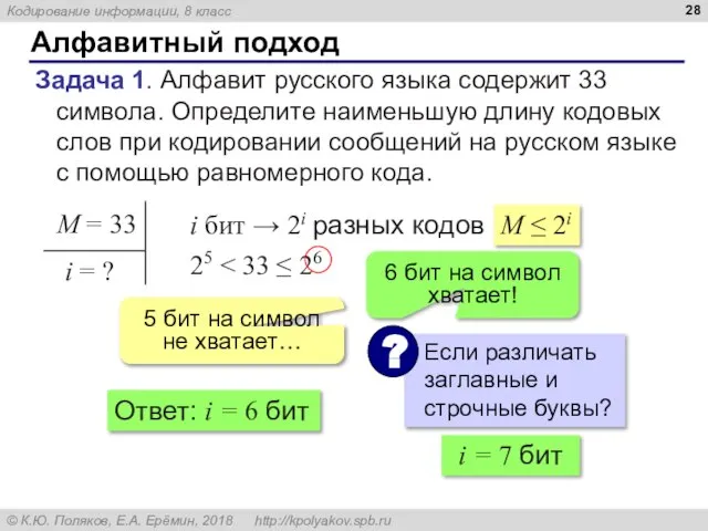 Алфавитный подход Задача 1. Алфавит русского языка содержит 33 символа. Определите