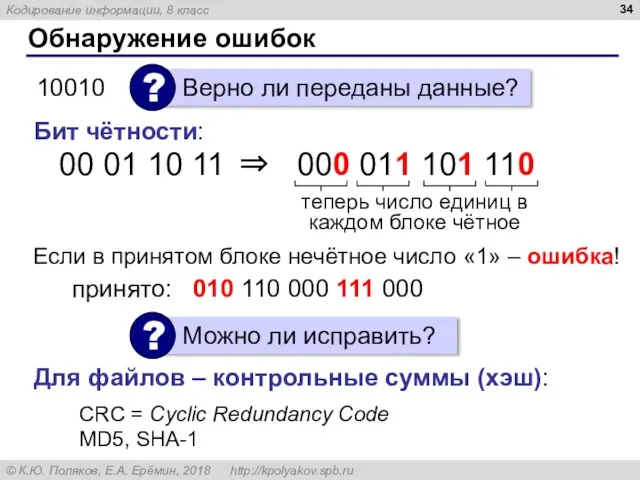 Обнаружение ошибок Бит чётности: 00 01 10 11 ⇒ 000 011