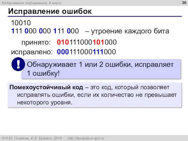 Исправление ошибок 111 000 000 111 000 – утроение каждого бита