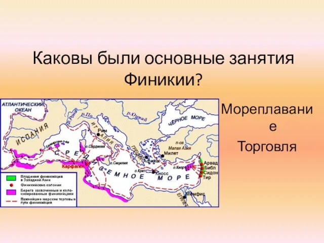 Каковы были основные занятия Финикии? Мореплавание Торговля