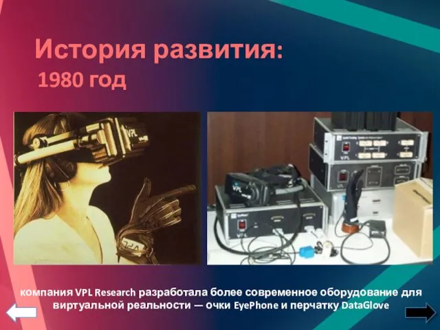 История развития: 1980 год компания VPL Research разработала более современное оборудование