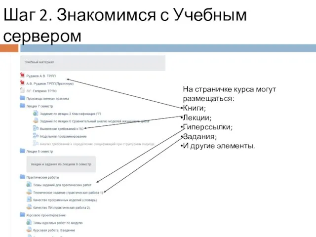 Шаг 2. Знакомимся с Учебным сервером На страничке курса могут размещаться: