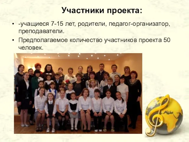 -учащиеся 7-15 лет, родители, педагог-организатор, преподаватели. Предполагаемое количество участников проекта 50 человек. Участники проекта: