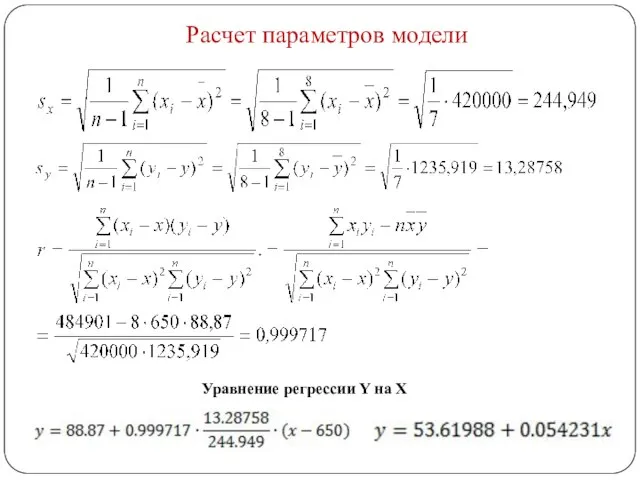 Расчет параметров модели Уравнение регрессии Y на X