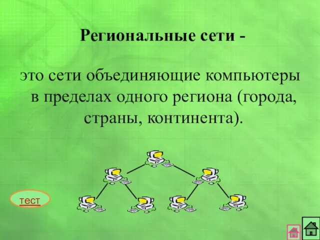 это сети объединяющие компьютеры в пределах одного региона (города, страны, континента). Региональные сети - тест