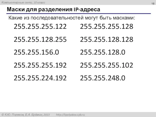 Маски для разделения IP-адреса Какие из последовательностей могут быть масками: 255.255.255.122