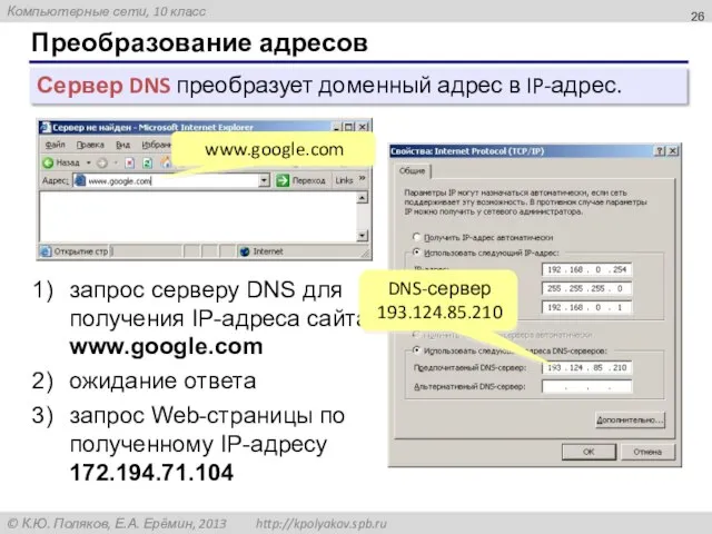 Преобразование адресов Сервер DNS преобразует доменный адрес в IP-адрес. www.google.com запрос