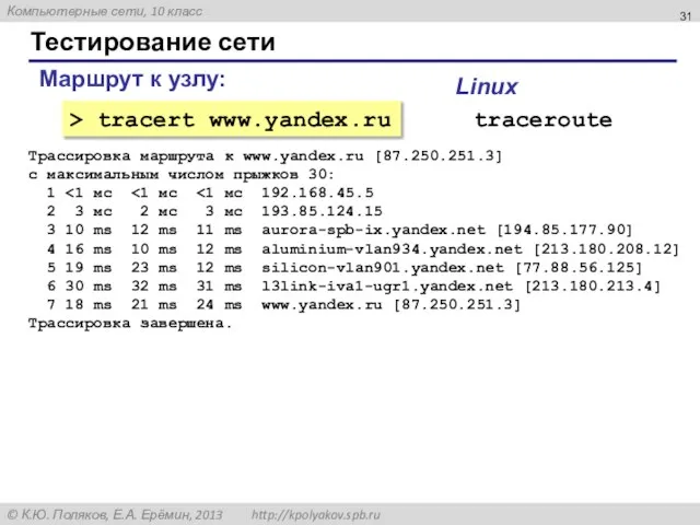 Тестирование сети Маршрут к узлу: > tracert www.yandex.ru traceroute Linux Трассировка