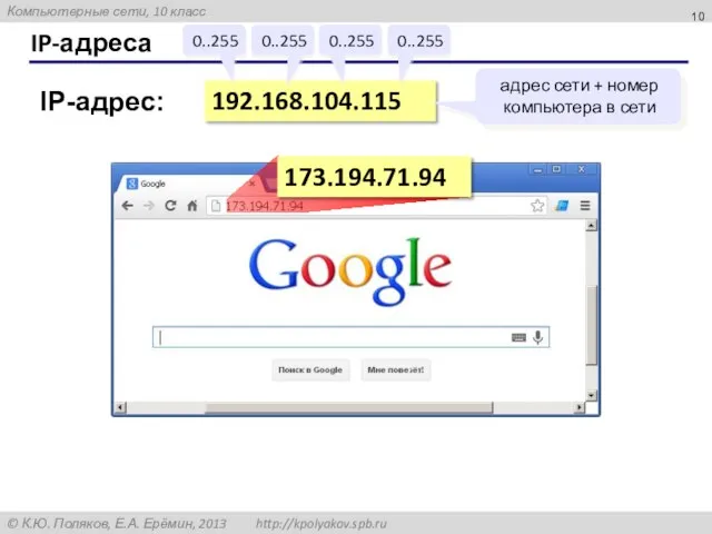 IP-адреса 192.168.104.115 0..255 0..255 0..255 0..255 IP-адрес: адрес сети + номер компьютера в сети