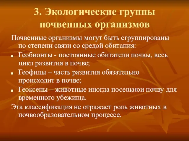 3. Экологические группы почвенных организмов Почвенные организмы могут быть сгруппированы по