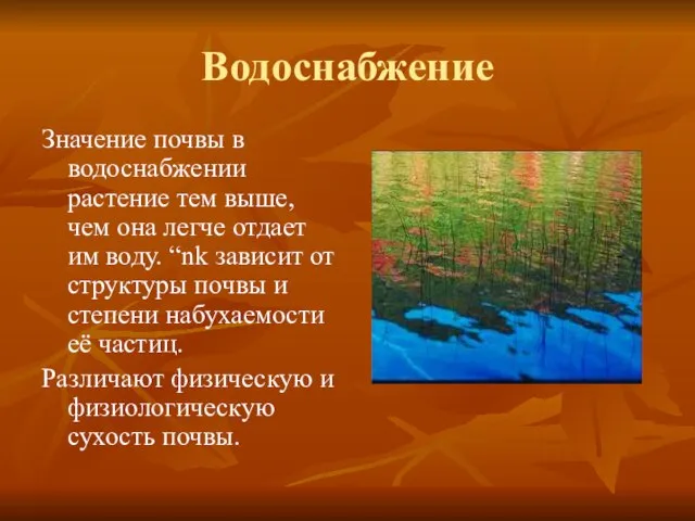 Водоснабжение Значение почвы в водоснабжении растение тем выше, чем она легче