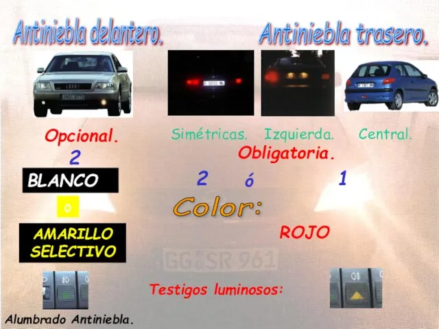 Antiniebla delantero. Antiniebla trasero. Opcional. Obligatoria. 2 2 1 ó Simétricas.