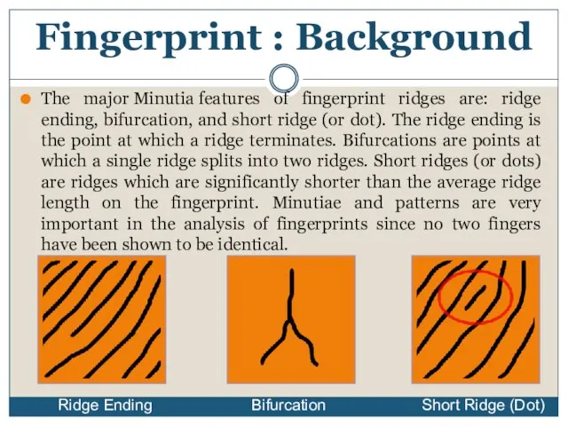 The major Minutia features of fingerprint ridges are: ridge ending, bifurcation,
