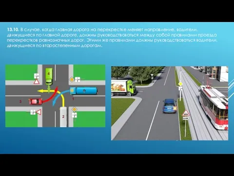 13.10. В случае, когда главная дорога на перекрестке меняет направление, водители,