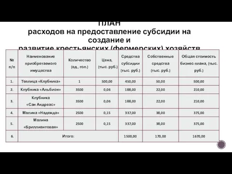 ПЛАН расходов на предоставление субсидии на создание и развитие крестьянских (фермерских) хозяйств