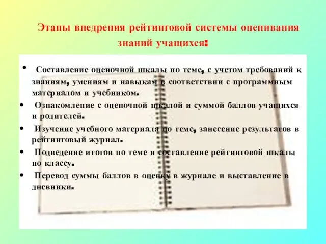 Этапы внедрения рейтинговой системы оценивания знаний учащихся: Составление оценочной шкалы по