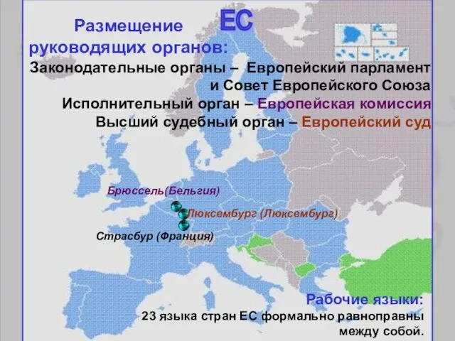 Страсбур (Франция) Люксембург (Люксембург) Брюссель(Бельгия) Размещение руководящих органов: ЕС Законодательные органы
