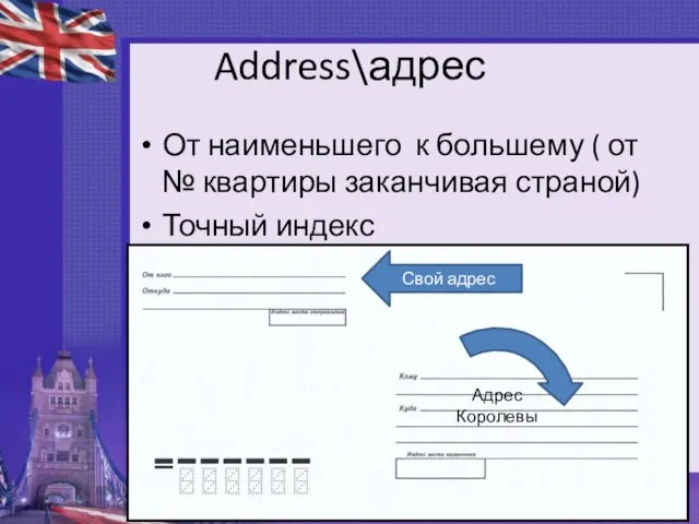 Address\адрес От наименьшего к большему ( от № квартиры заканчивая страной)