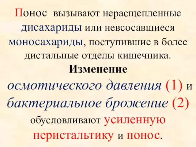 Понос вызывают нерасщепленные дисахариды или невсосавшиеся моносахариды, поступившие в более дистальные