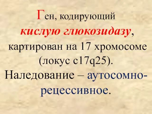 Ген, кодирующий кислую глюкозидазу, картирован на 17 хромосоме (локус c17q25). Наледование – аутосомно-рецессивное.