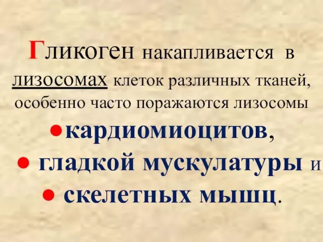 Гликоген накапливается в лизосомах клеток различных тканей, особенно часто поражаются лизосомы