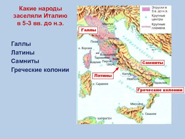 Какие народы заселяли Италию в 5-3 вв. до н.э. Галлы Латины Самниты Греческие колонии