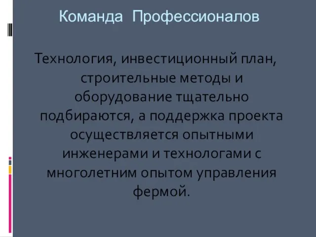 Команда Профессионалов Технология, инвестиционный план, строительные методы и оборудование тщательно подбираются,