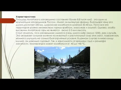 Характеристика Площадь Алтайского заповедника составляет более 8,8 тысяч км2 - это