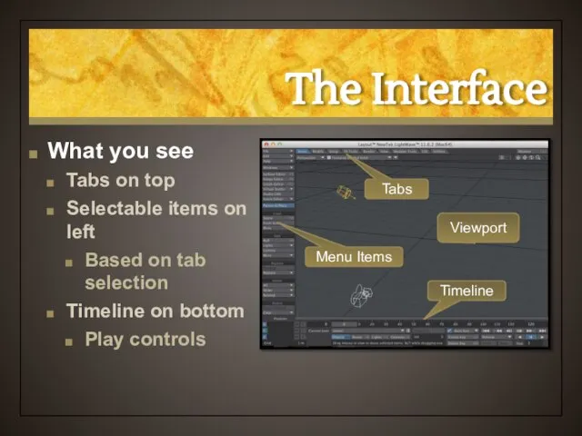 The Interface What you see Tabs on top Selectable items on