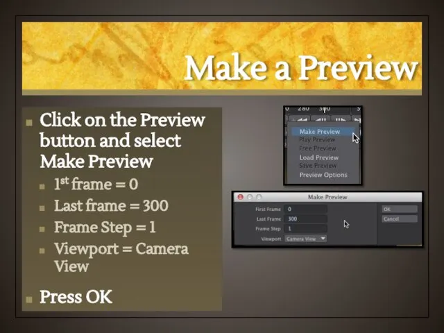 Make a Preview Click on the Preview button and select Make