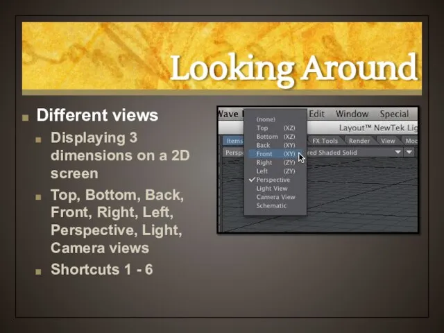 Looking Around Different views Displaying 3 dimensions on a 2D screen