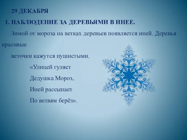 29 ДЕКАБРЯ 1. НАБЛЮДЕНИЕ ЗА ДЕРЕВЬЯМИ В ИНЕЕ. Зимой от мороза