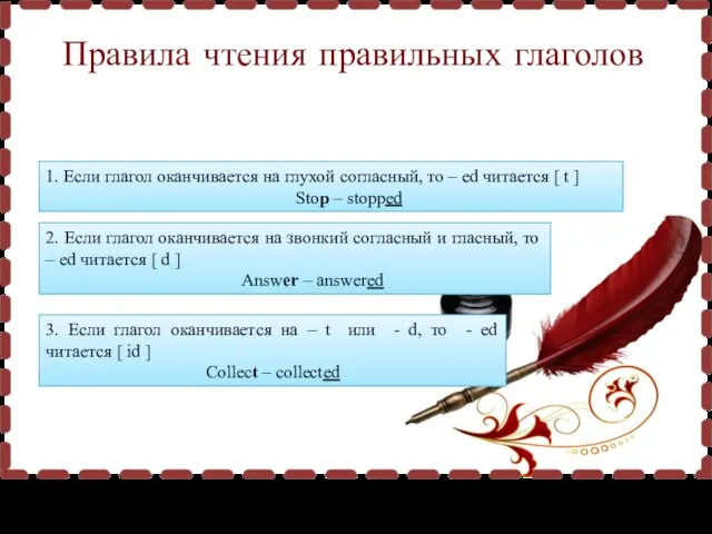 Правила чтения правильных глаголов 1. Если глагол оканчивается на глухой согласный,