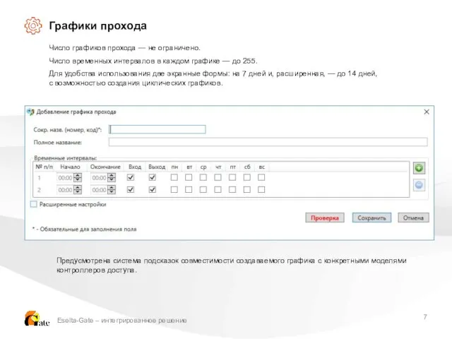 Eselta-Gate – интегрированное решение Графики прохода Число графиков прохода — не