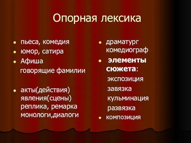 Опорная лексика пьеса, комедия юмор, сатира Афиша говорящие фамилии акты(действия) явления(сцены)