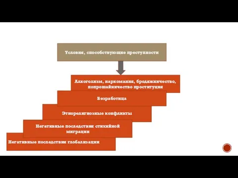 Условия, способствующие преступности Этнорелигиозные конфликты Негативные последствия глобализации Алкоголизм, наркомания, бродяжничество,