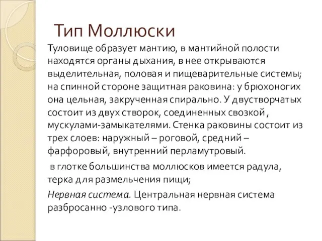 Тип Моллюски Туловище образует мантию, в мантийной полости находятся органы дыхания,