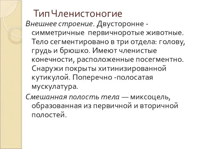 Тип Членистоногие Внешнее строение. Двусторонне -симметричные первичноротые животные. Тело сегментировано в