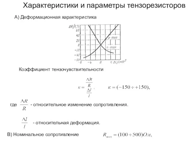 Коэффициент тензочувствительности где - относительное изменение сопротивления. - относительная деформация. Характеристики