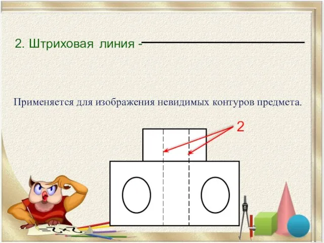 2. Штриховая линия - Применяется для изображения невидимых контуров предмета. 2