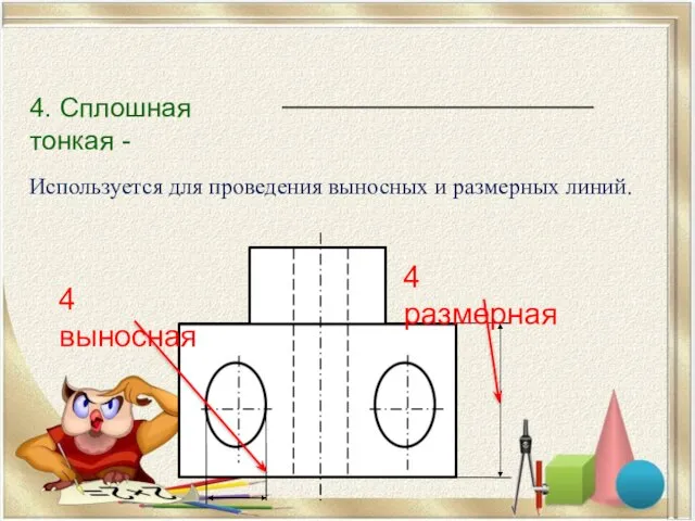 4. Сплошная тонкая - Используется для проведения выносных и размерных линий. 4 выносная 4 размерная