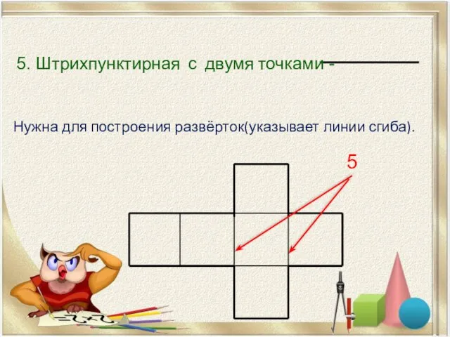 Нужна для построения развёрток(указывает линии сгиба). 5. Штрихпунктирная с двумя точками - 5