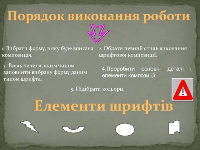 1. Вибрати форму, в яку буде вписана композиція. 2. Обрати певний