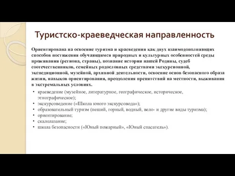 Туристско-краеведческая направленность краеведение (музейное, литературное, географическое, историческое, этнографическое); экскурсоведение («Школа юного