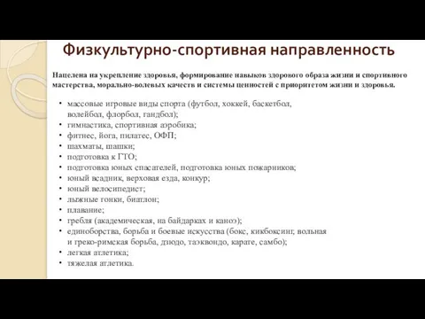 Физкультурно-спортивная направленность массовые игровые виды спорта (футбол, хоккей, баскетбол, волейбол, флорбол,