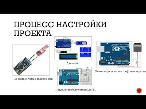 ПРОЦЕСС НАСТРОЙКИ ПРОЕКТА Схема подключения цифрового датчика Дисплей Прошивка через адаптер USB Подключение датчиков DHT11