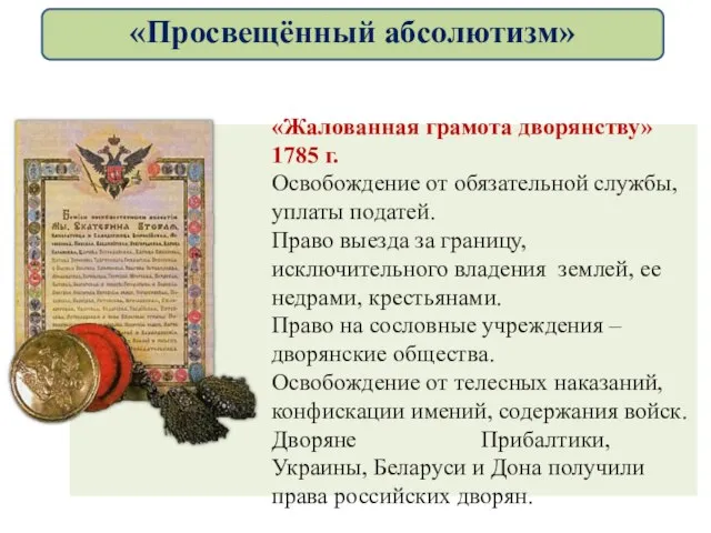 «Жалованная грамота дворянству»1785 г. Освобождение от обязательной службы, уплаты податей. Право